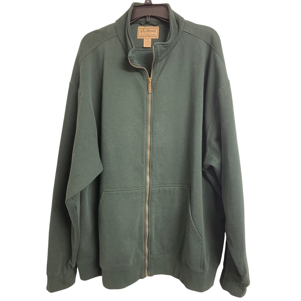 LL Bean Mens XXXL Full‎ Zip Outdoor Hiking  Green Cotton  Fleece Sweatshirt